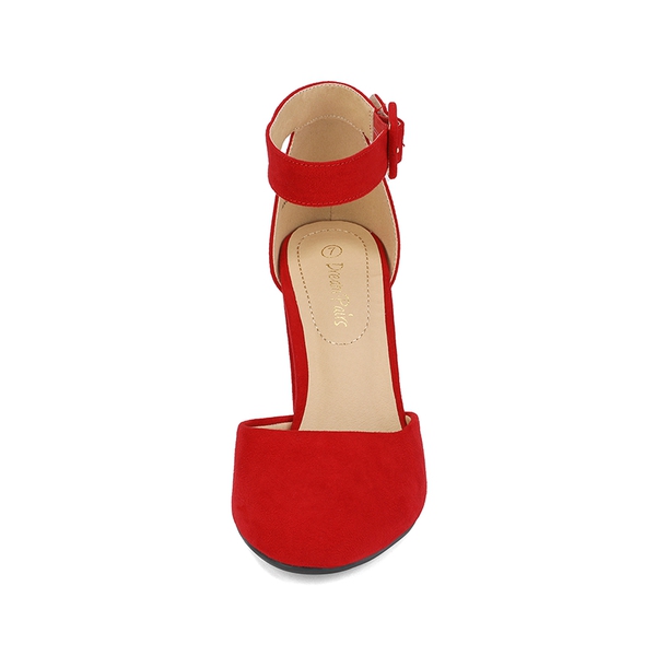 Round Toe Chunky Heel Pumps - RED SUEDE - 2